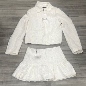 Zara Ivory Textured Jacket and Skirt Ensemble
